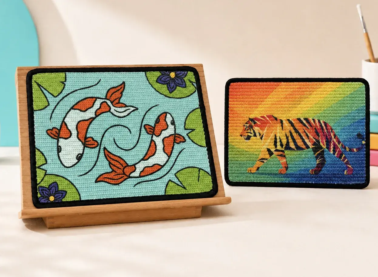 Scratch Canvas Bundle with the Koi scratch panel on a wooden easel and the Tiger scratch panel beside it.