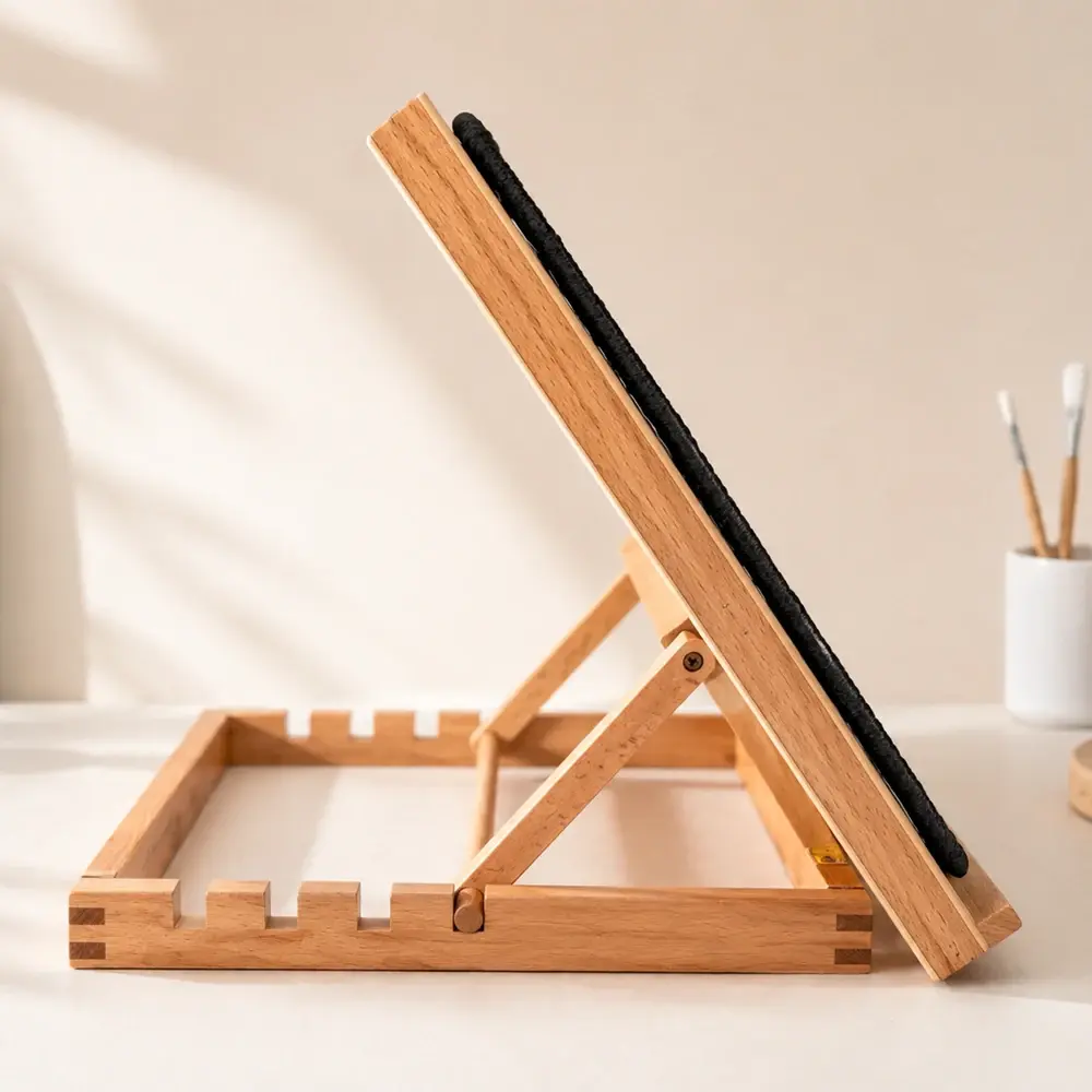 Side view of the Scratch Canvas wooden easel showing the adjustable support and base.